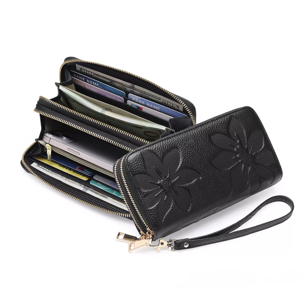 Floral Embossed Leather Zipper Wallet, image 2