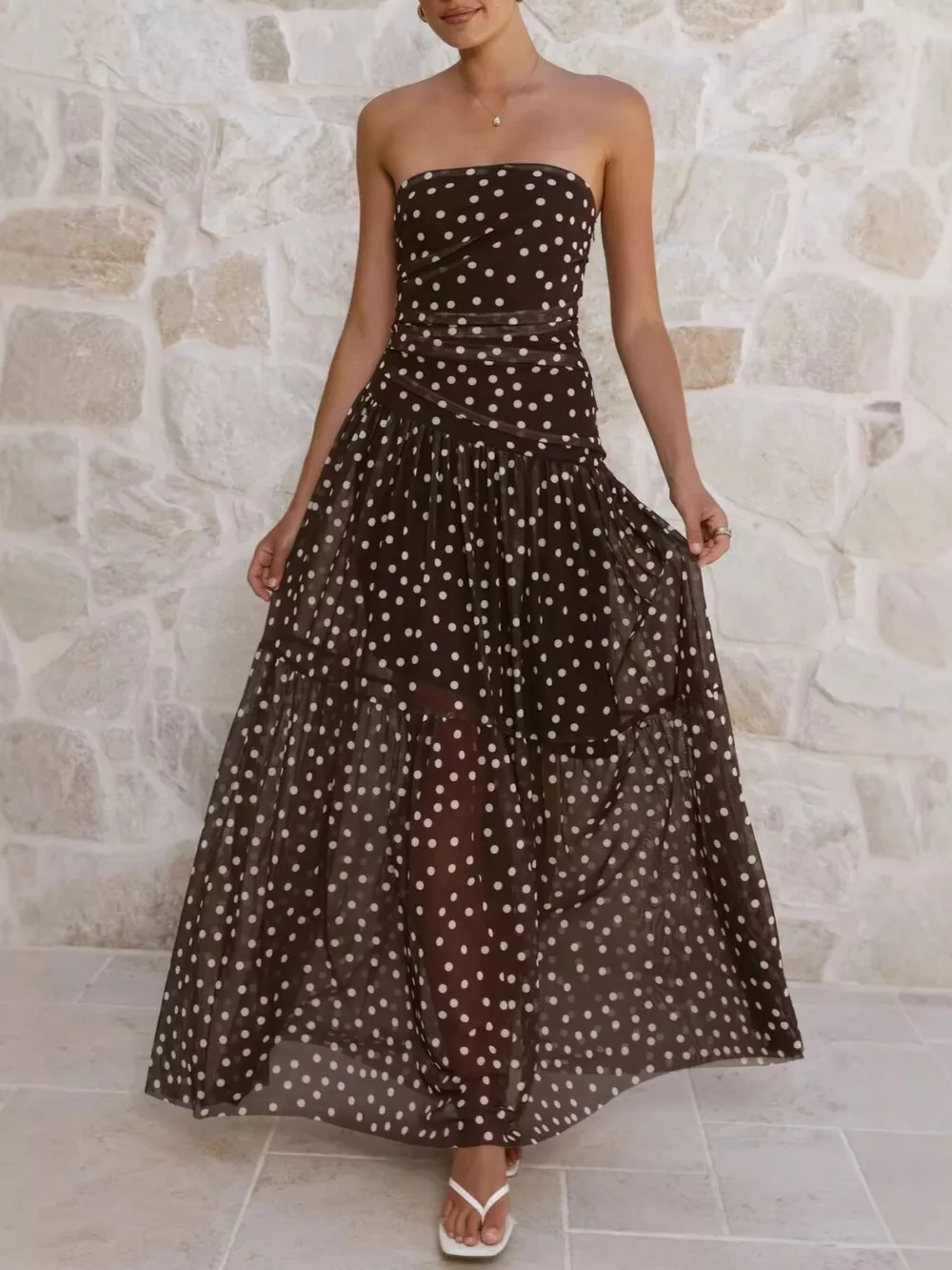 Polka Dot Strapless Ruched Maxi Dress