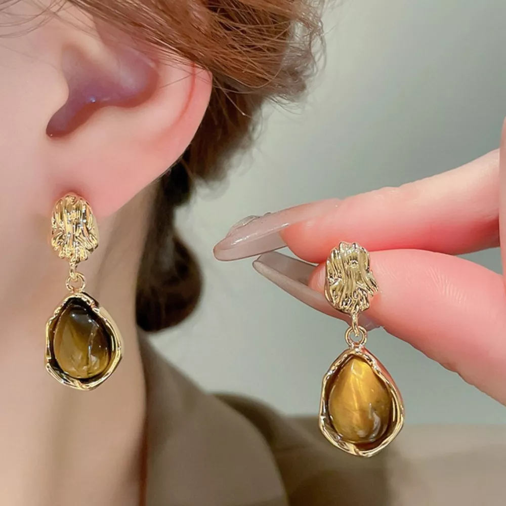 Tiger's Eye 18K Gold-Plated Copper Geometric Earrings, image 5