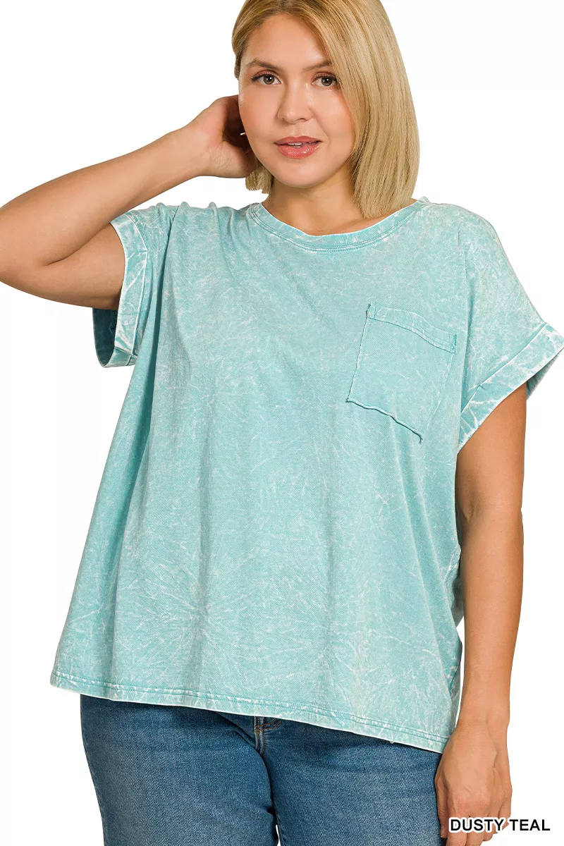 Full Size Crinkle Washed Round Neck Folded Short Sleeve Tee Plus Size, image 2