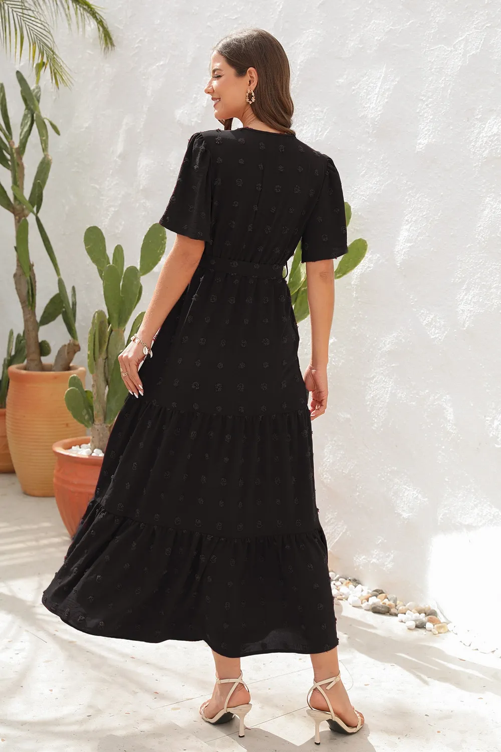 Swiss Dot Tied Surplice Short Sleeve Dress, image 6