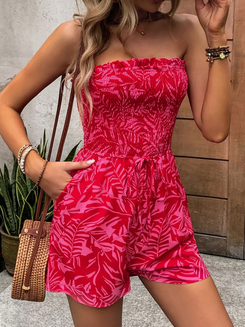 Smocked Printed Tube Romper with Pockets, image 3
