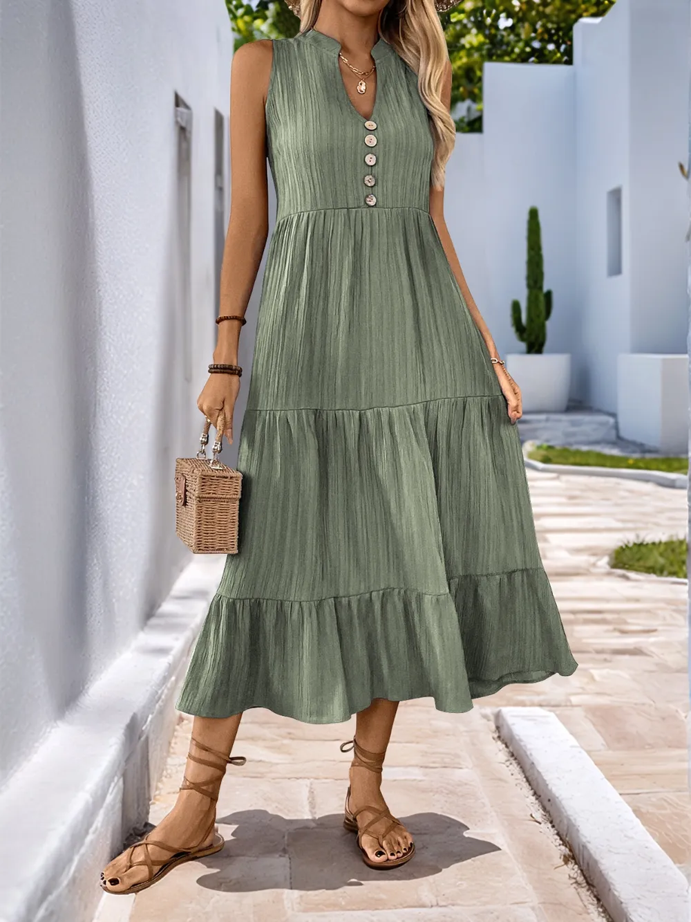 Notched Sleeveless Midi Tiered Dress, image 2