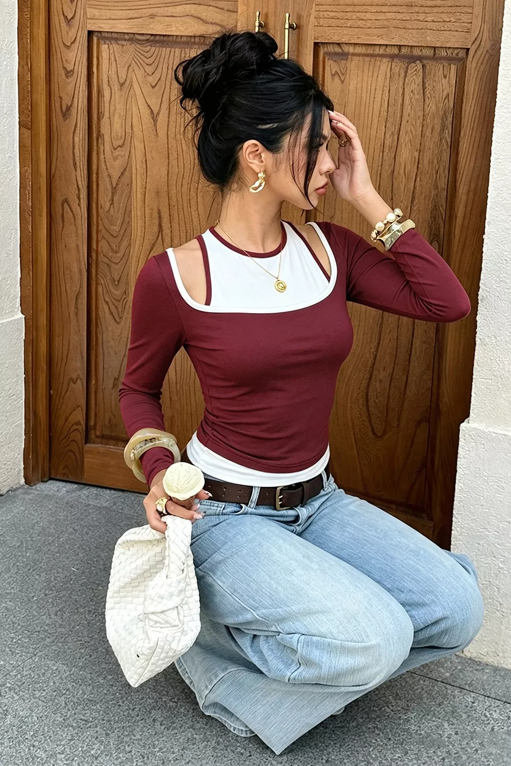Color-Block Cutout Long Sleeve Slim Fit Top, image 16
