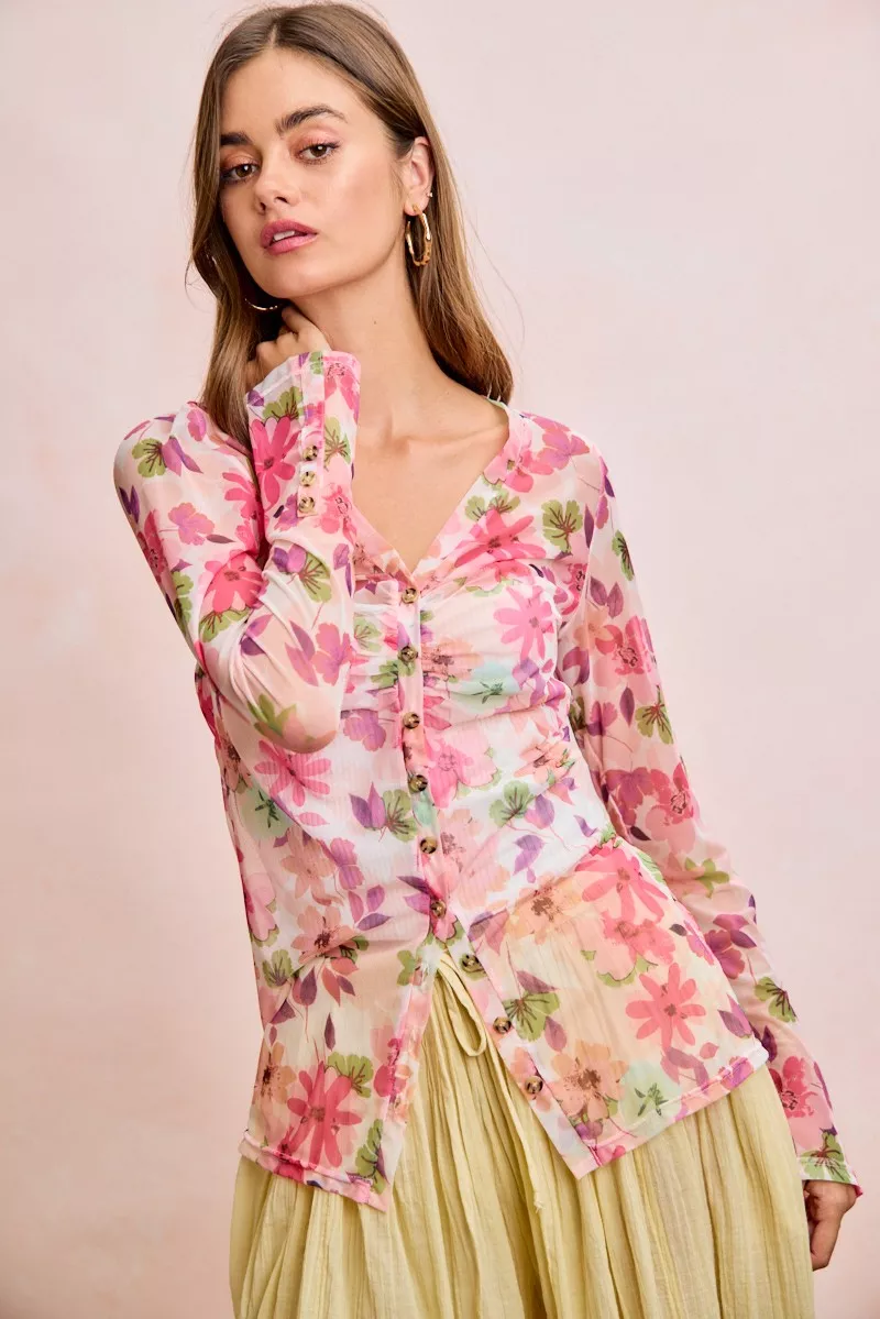 BiBi Floral Shrried Detail Button Up Mesh Cardigan Top, image 10