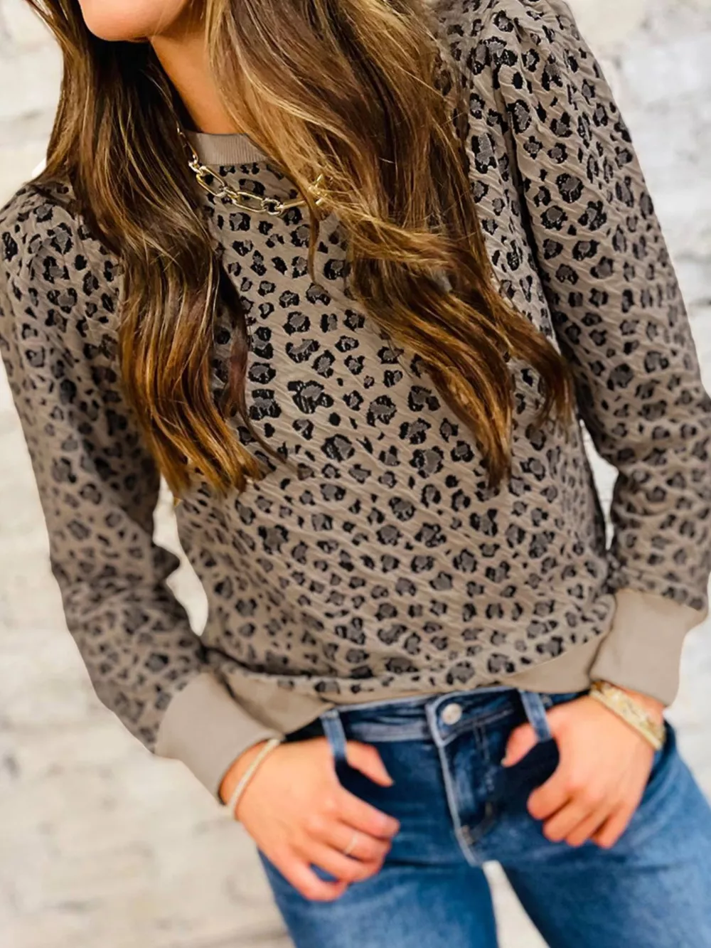 Ribbed Trim Leopard Print Long Sleeve Top, image 2