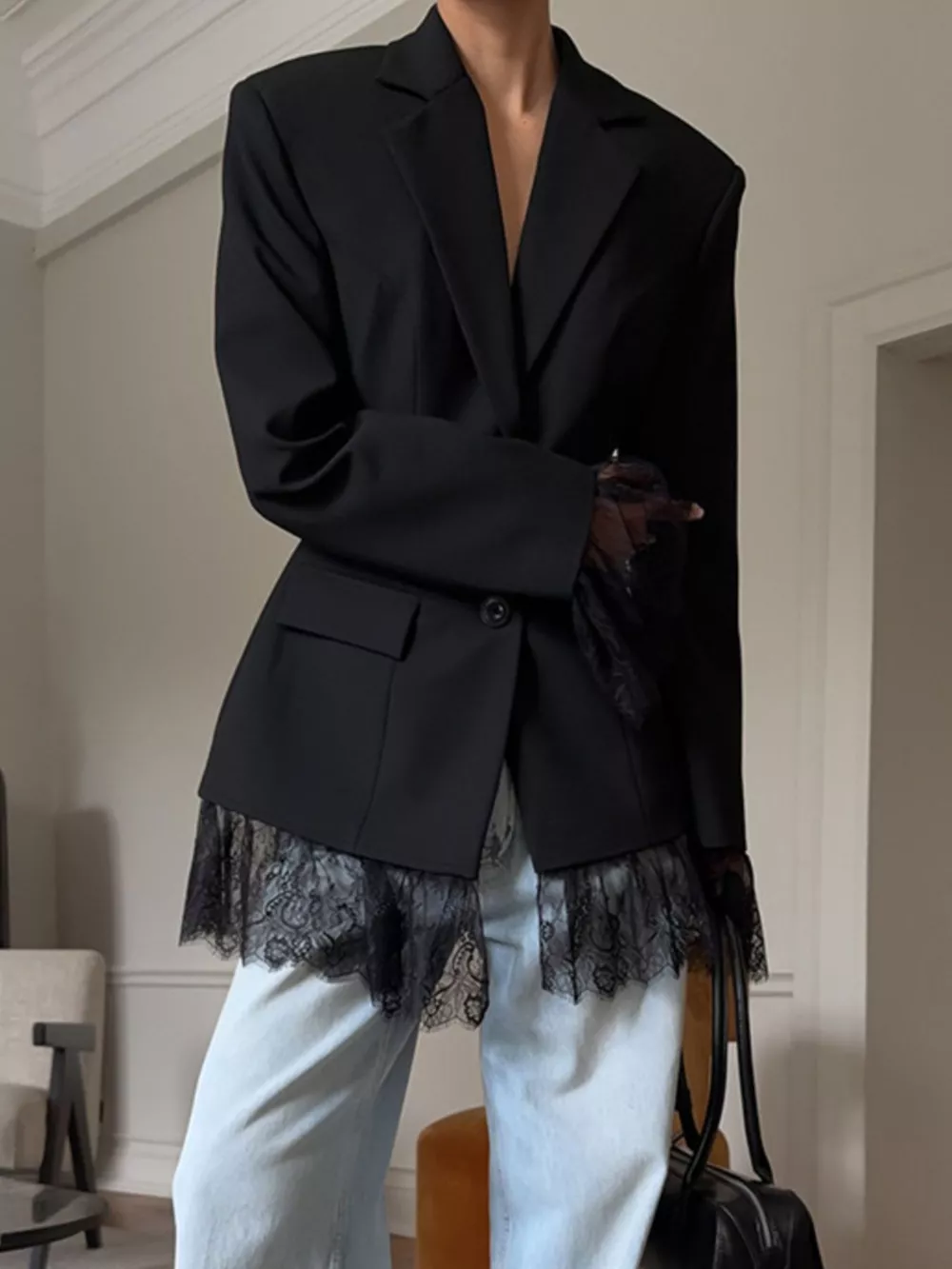 Lace Hem Lapel Collar Blazer, image 7