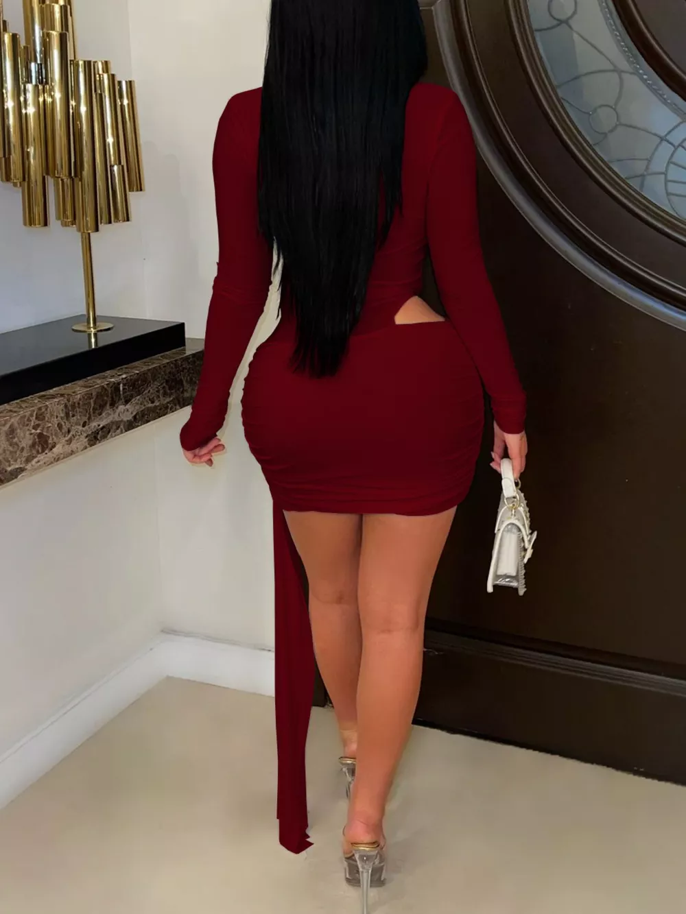 Cutout Deep V-Neck Long Sleeve Ruched Bodycon Mini Dress, image 10