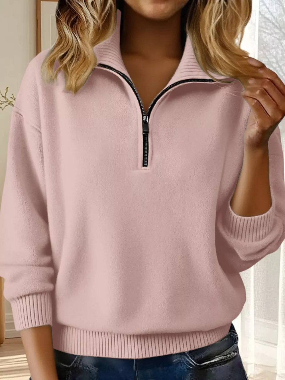 Full Size Half Zip Dropped Shoulder Sweater Plus Size, image 3