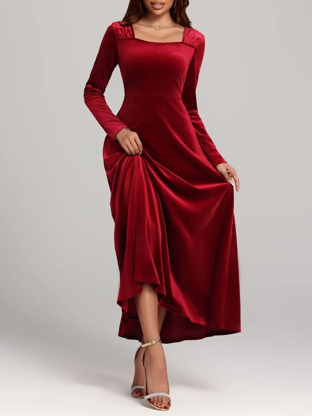 Square Neck Long Sleeve Velvet Dress, image 5