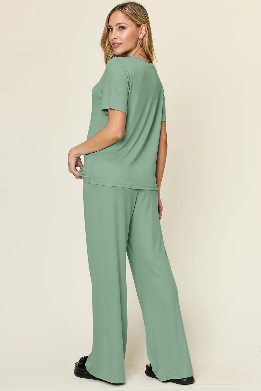 Full Size Round Neck Short Sleeve T-Shirt and Wide Leg Pants Set, image 4