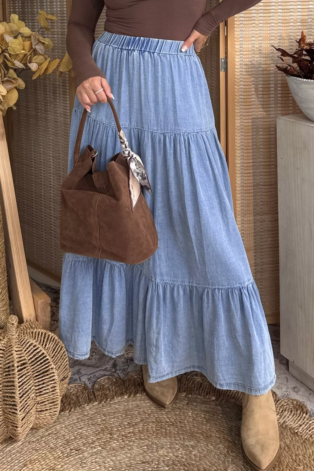 Elastic Waist Ruffled Tiered Flared Denim Maxi Skirt, image 4