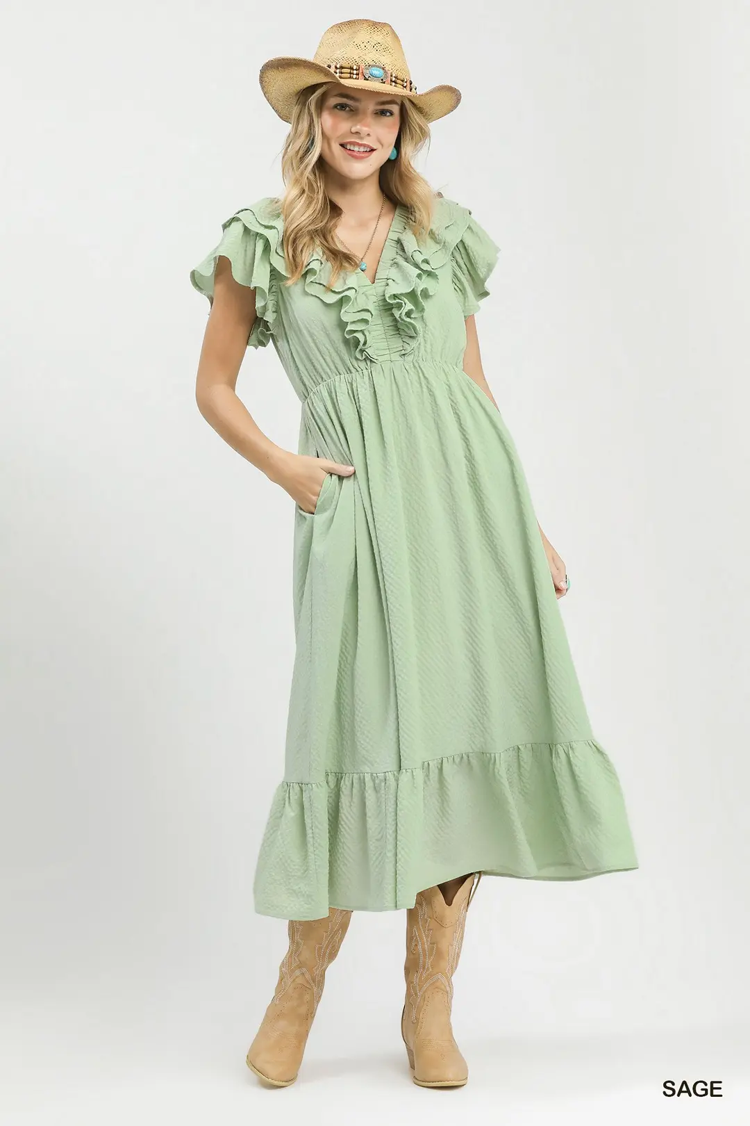Textured Ruffle Midi Dress
