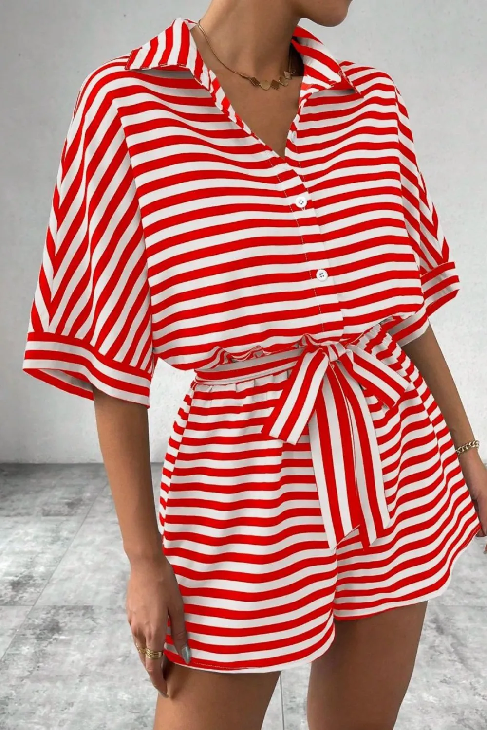 Striped Collared Neck Tie Waist Romper, image 5