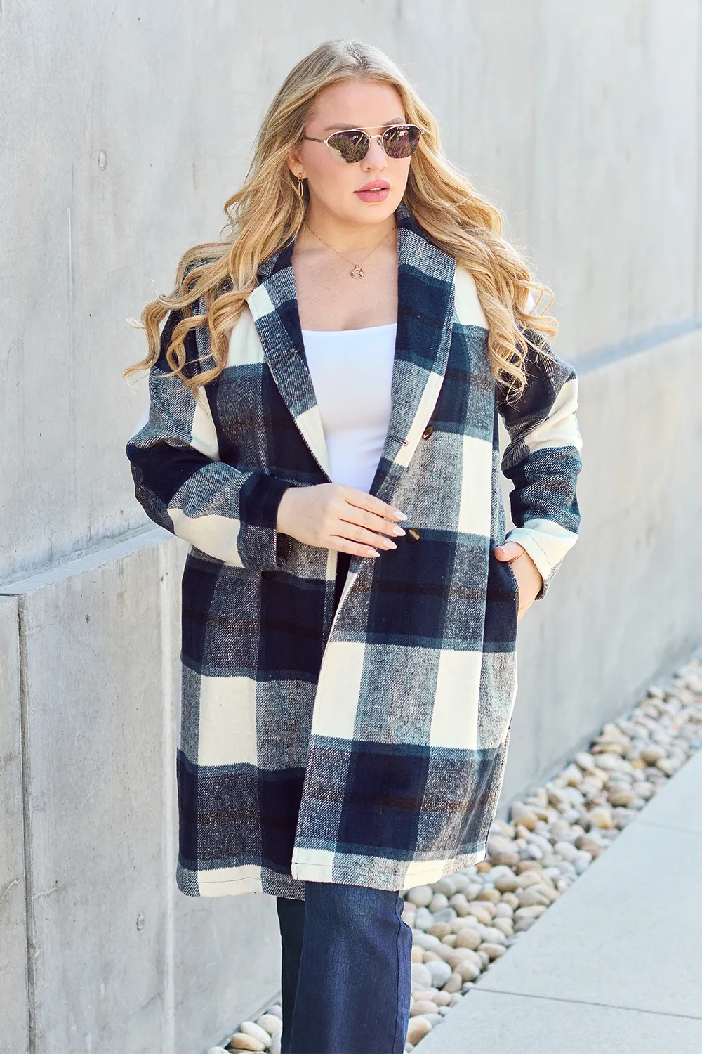 Full Size Plaid Button Up Lapel Collar Coat, image 31