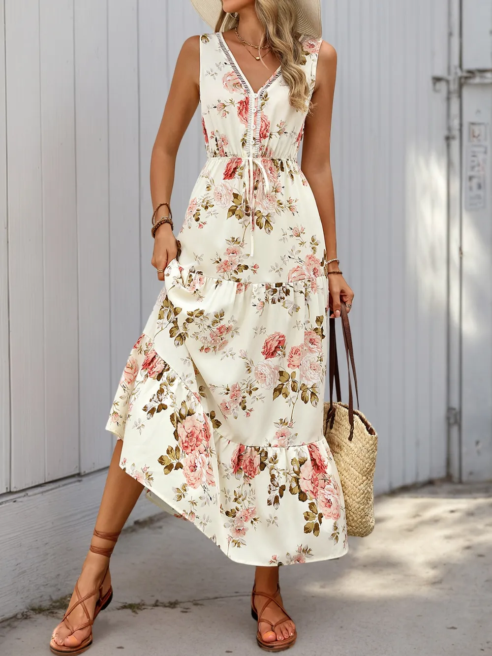 Printed Ruffled Hem V-Neck Sleeveless Dress, image 2