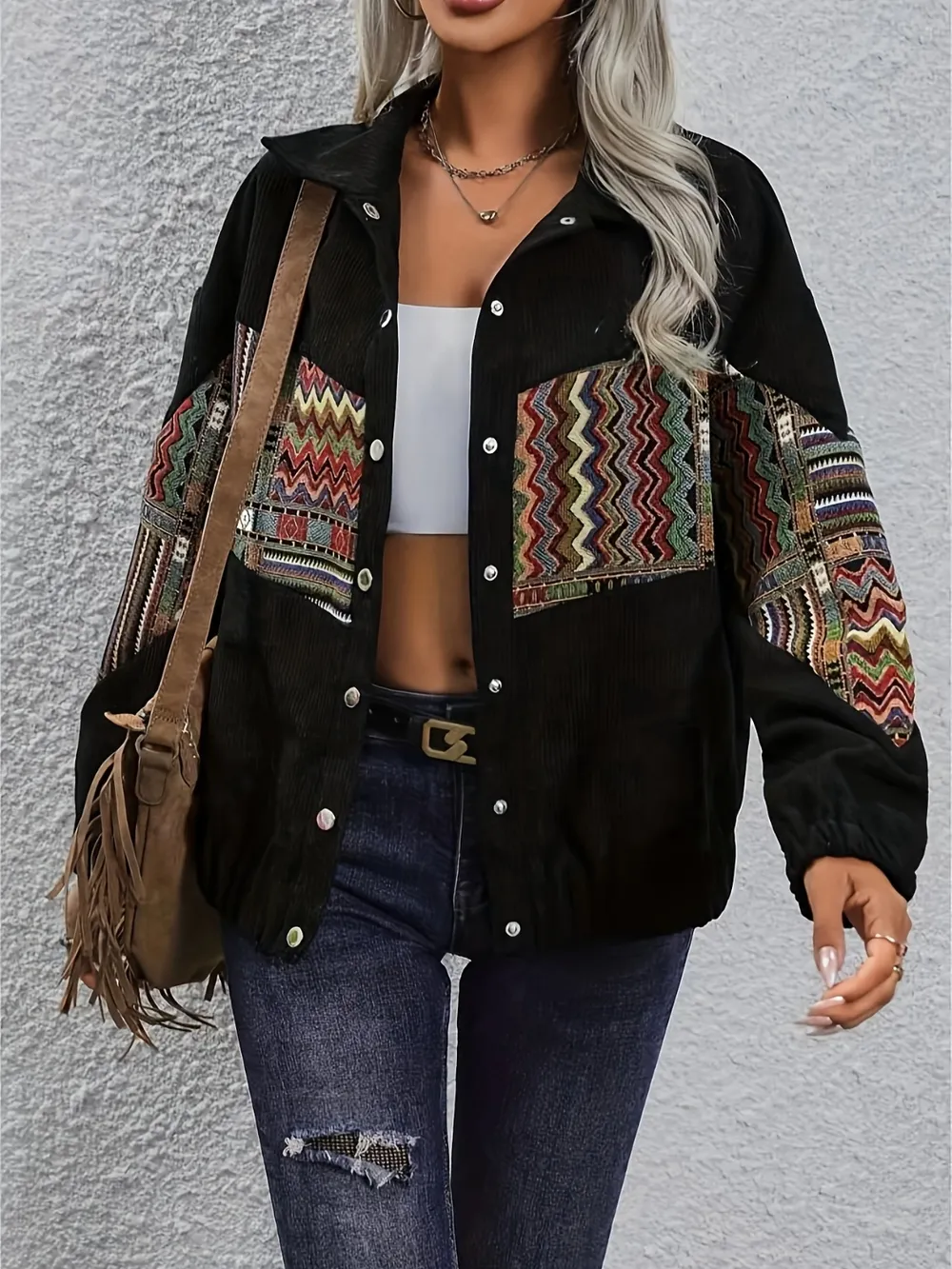 Embroidered Collared Neck Snap Down Jacket, image 3