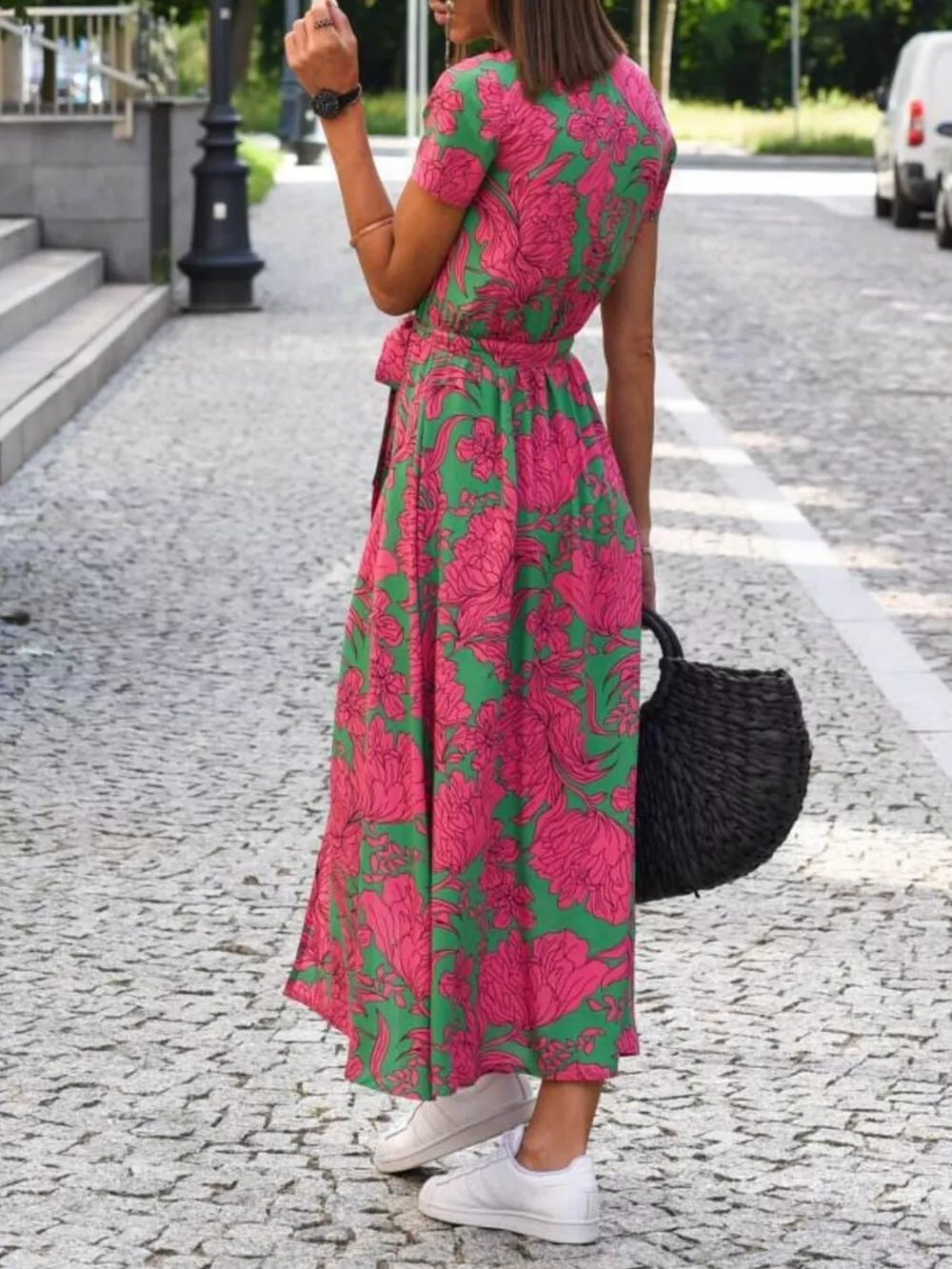 Full Size Slit Floral Print Short Sleeve Dress Plus Size, image 3