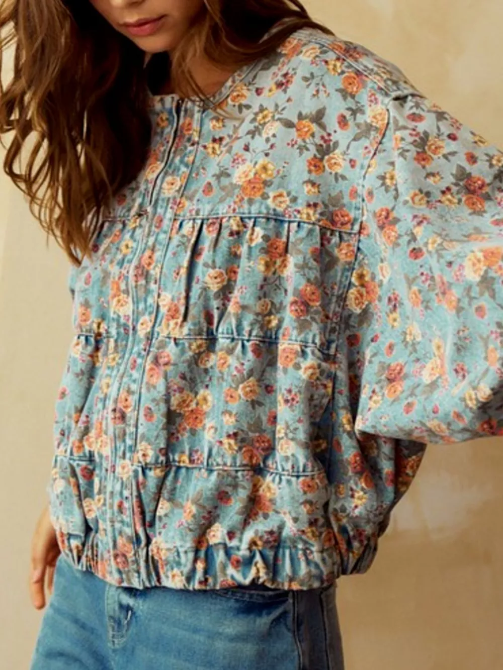 Floral Print Zip Up Cropped Denim Jacket, image 4