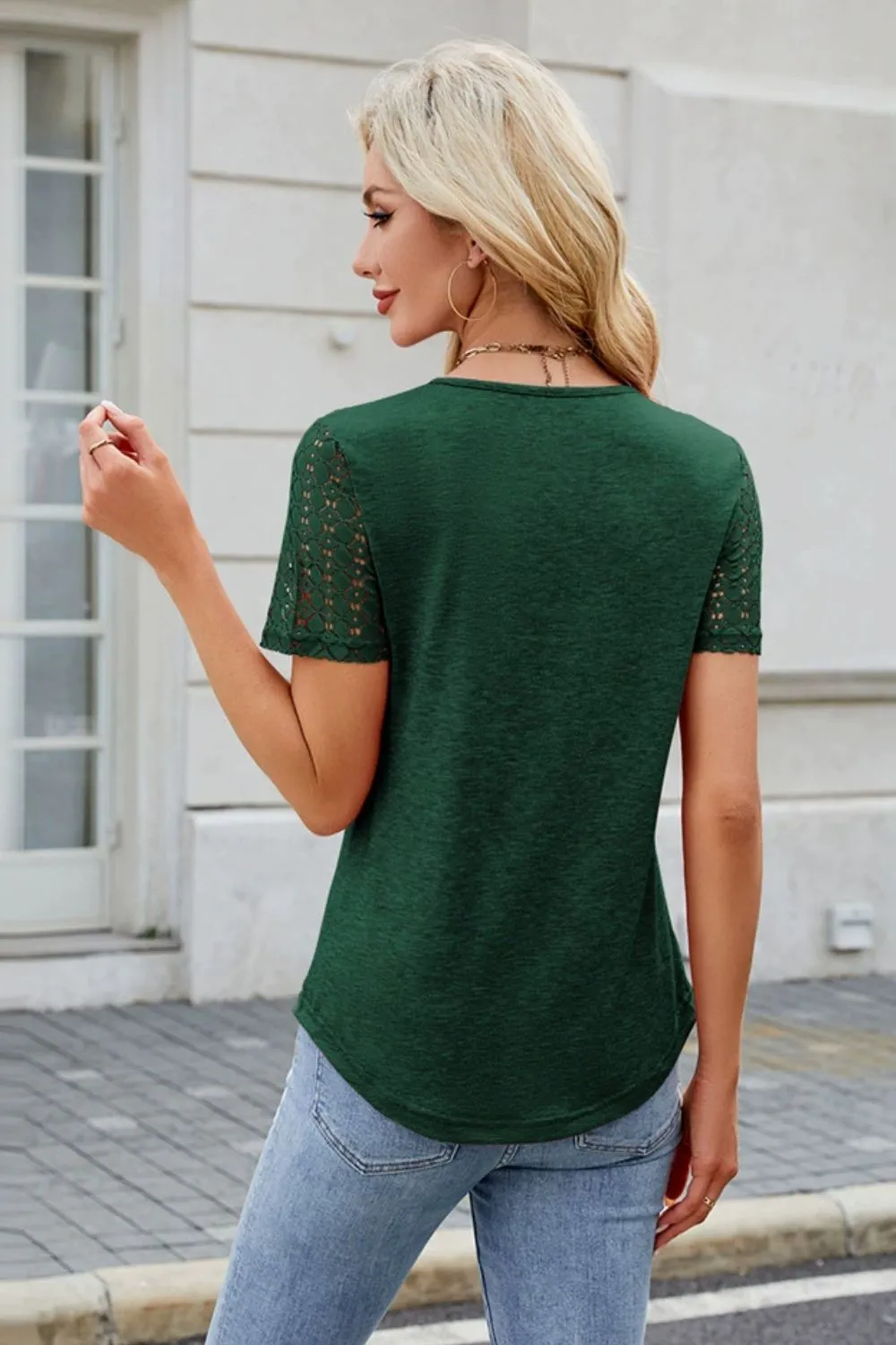 Smocked Round Neck Short Sleeve T-Shirt, image 3