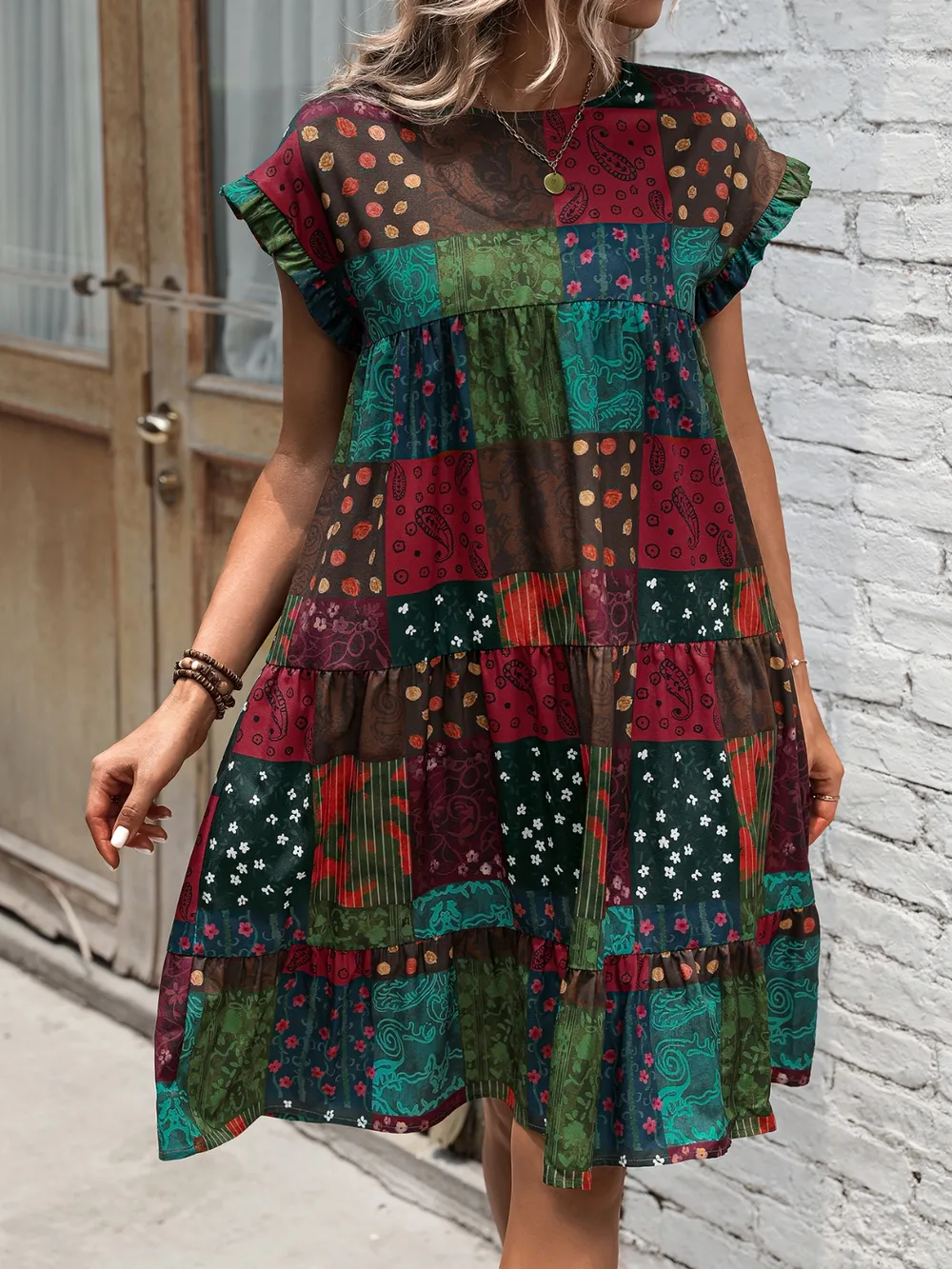 Color Block Print Short Sleeve Mini Dress, image 2
