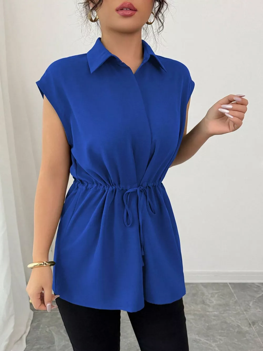 Drawstring Waist Cap Sleeve Shirt, image 5