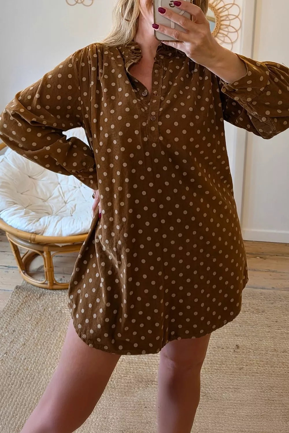 Polka Dot V Neck Long Sleeve Button Shift Dress, image 2