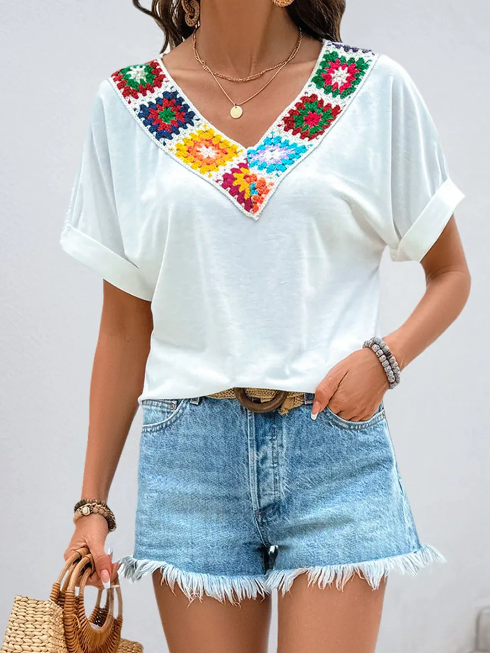Contrast V-Neck Short Sleeve Top, image 2
