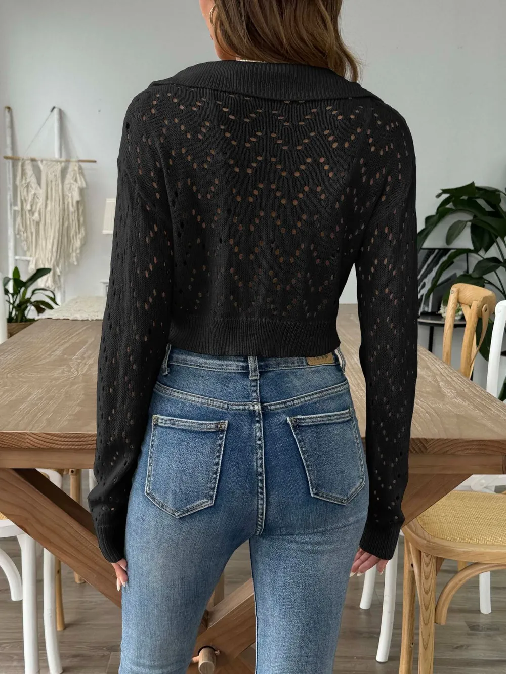 Openwork Collared Neck Long Sleeve Knit Top, image 2
