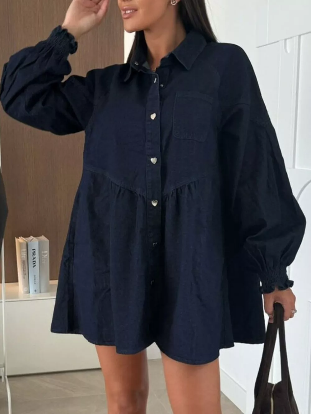 Button Down Mini Denim Dress with Front Pockets, image 3