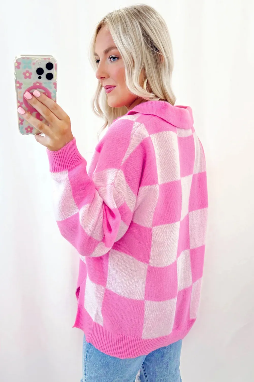 Slit Checkered Half Button Long Sleeve Sweater, image 11