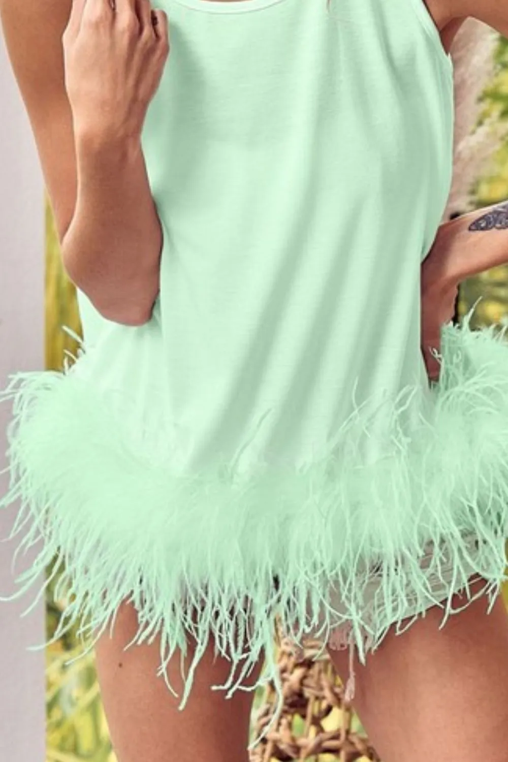 French Terry Faux Feather Bottom Back Tied Top, image 3