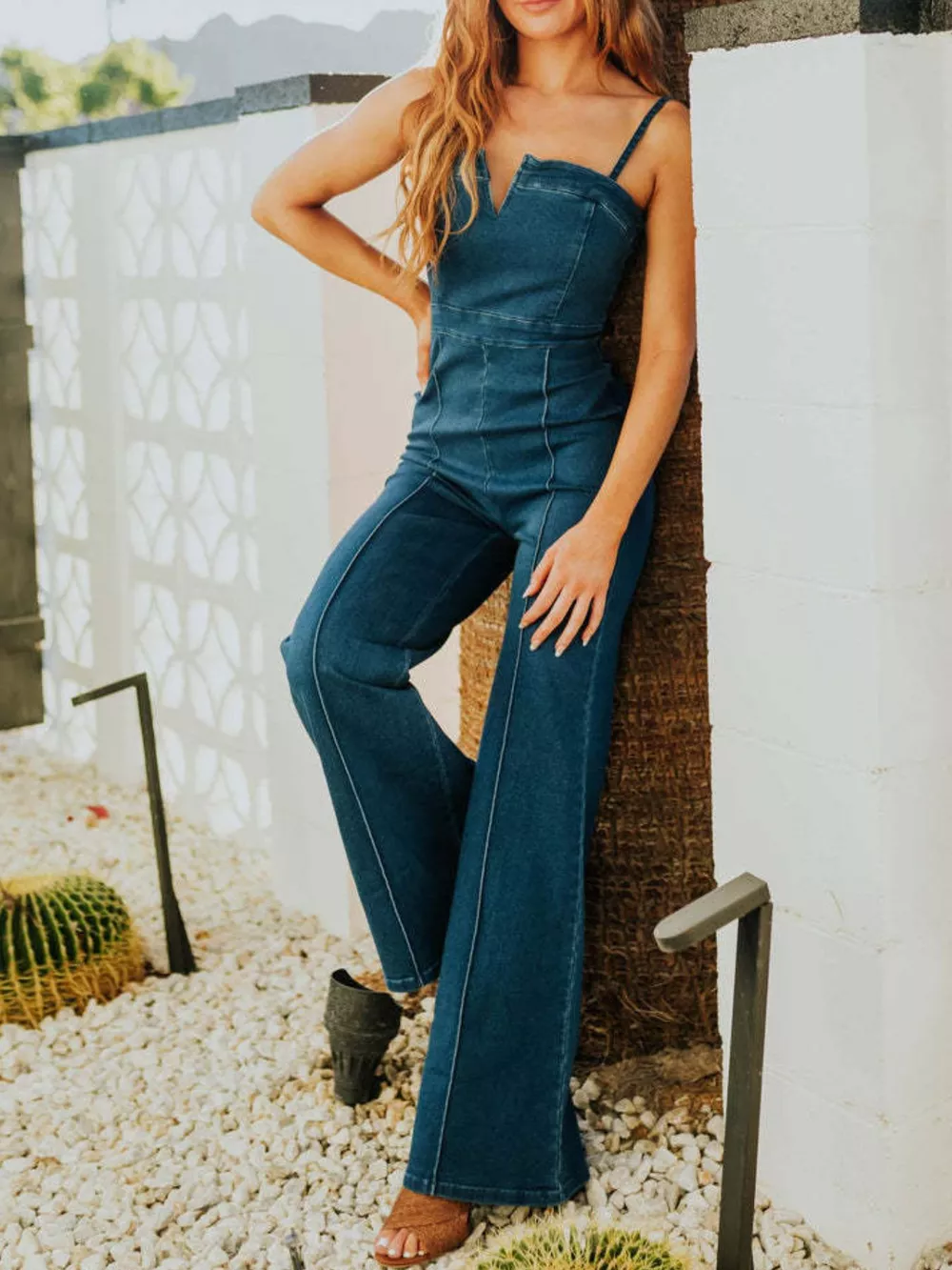 Spaghetti Strap Wide Leg Denim Jumpsuit, image 3