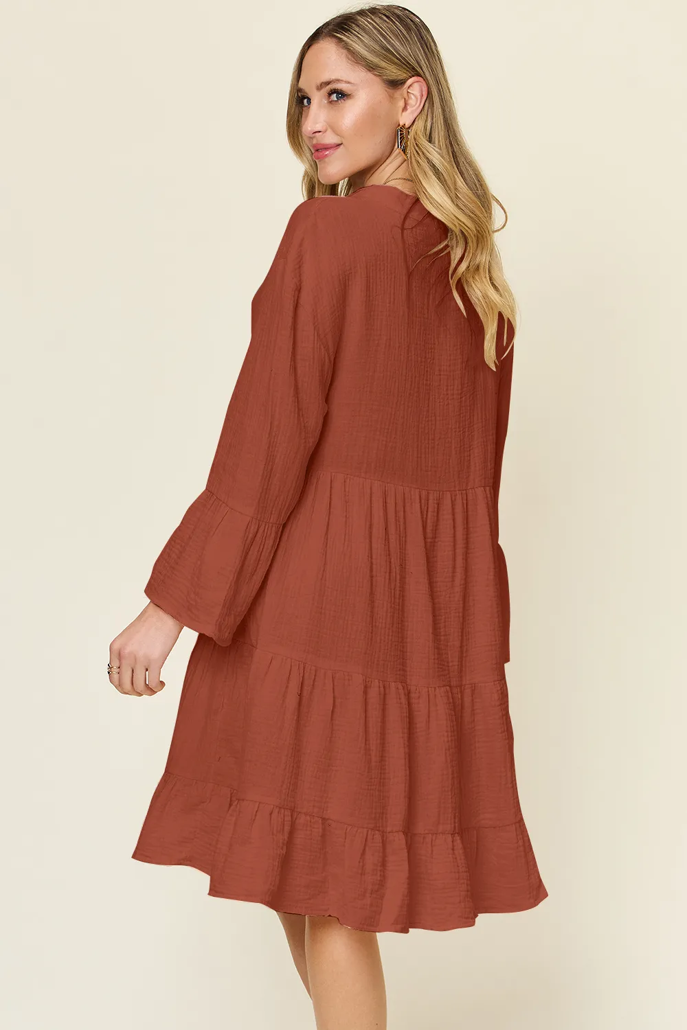 Full Size Texture Button Up Ruffle Hem Dress, image 2