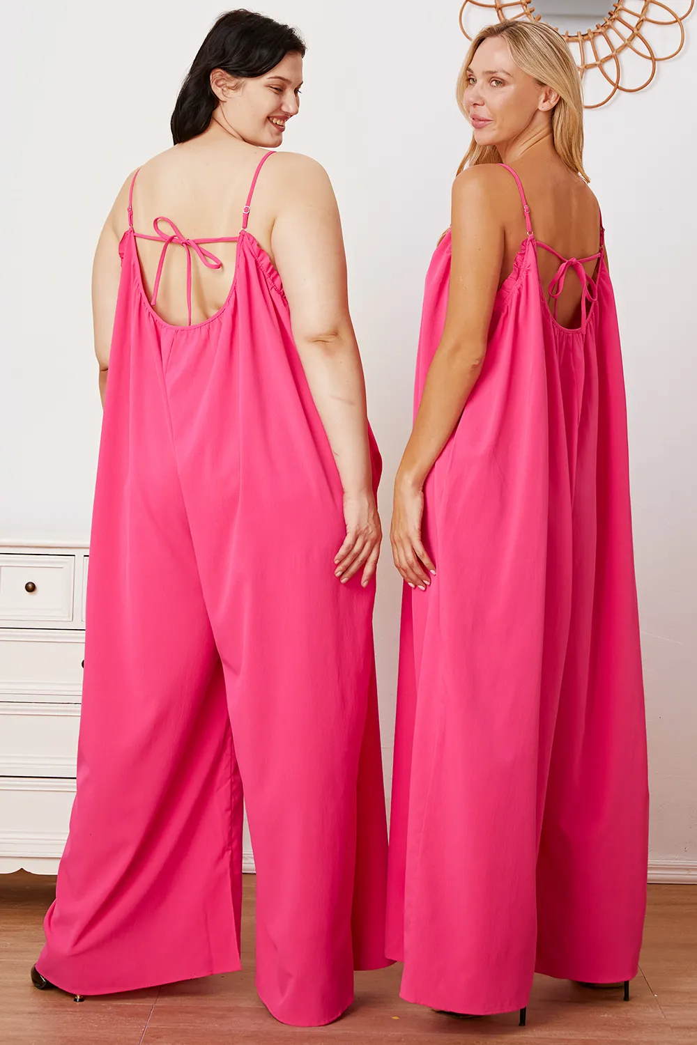 Full Size Ruffle Trim Tie Back Cami Jumpsuit with Pockets, image 3