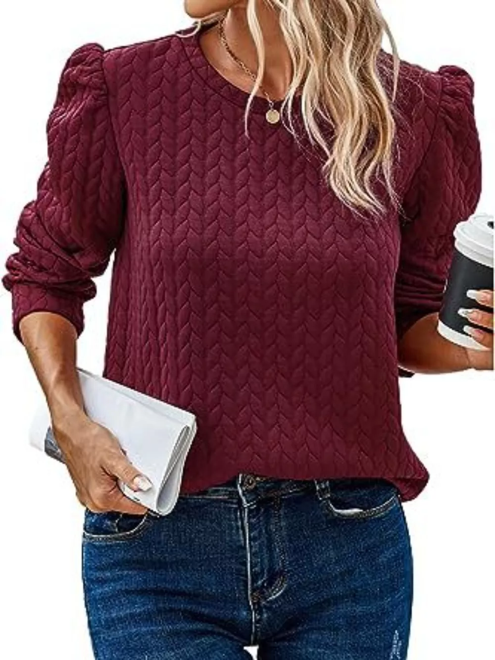 Textured Round Neck Long Sleeve Blouse, image 15