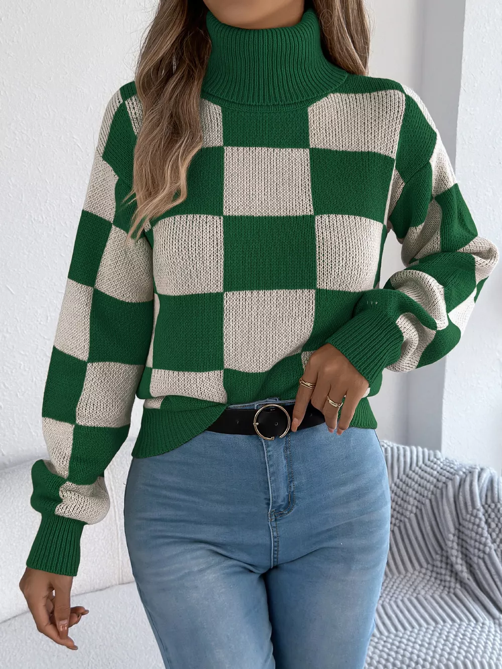 Checkered Turtleneck Long Sleeve Sweater, image 5