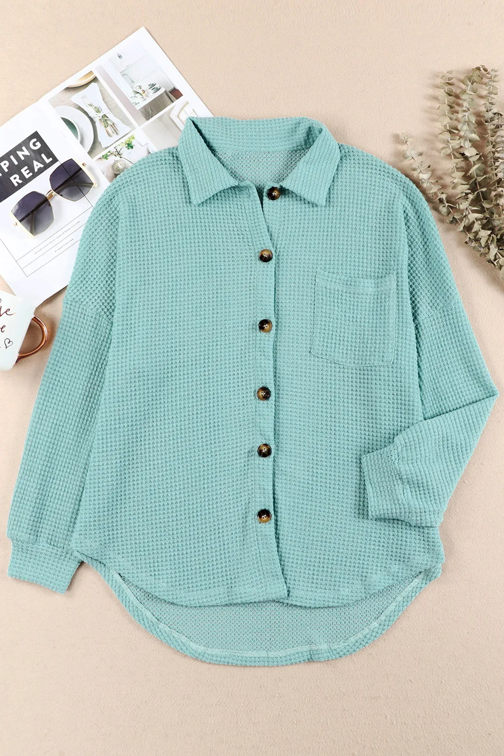 Waffle-Knit Collared Neck Long Sleeve Shirt, image 6
