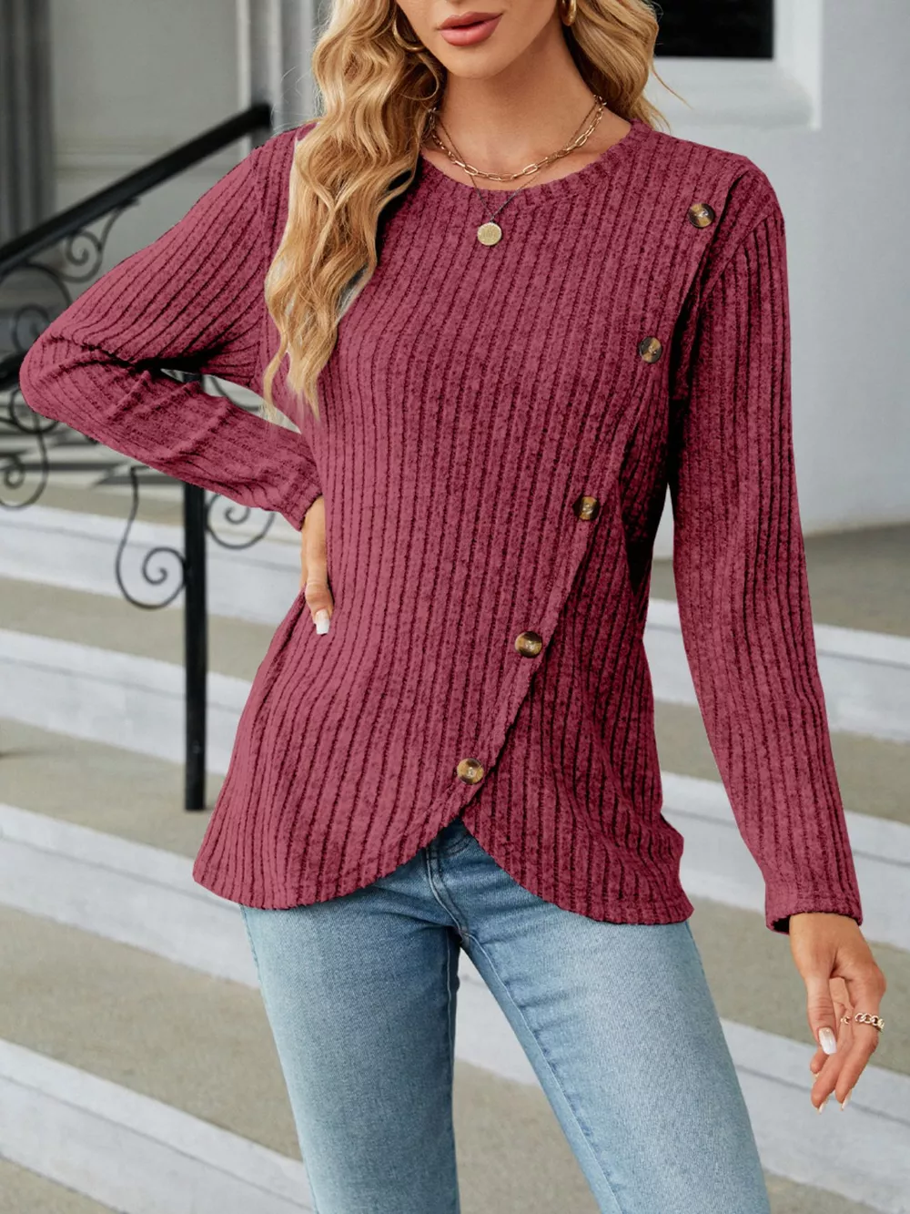 Ribbed Knit Decor Button T-Shirt, image 11