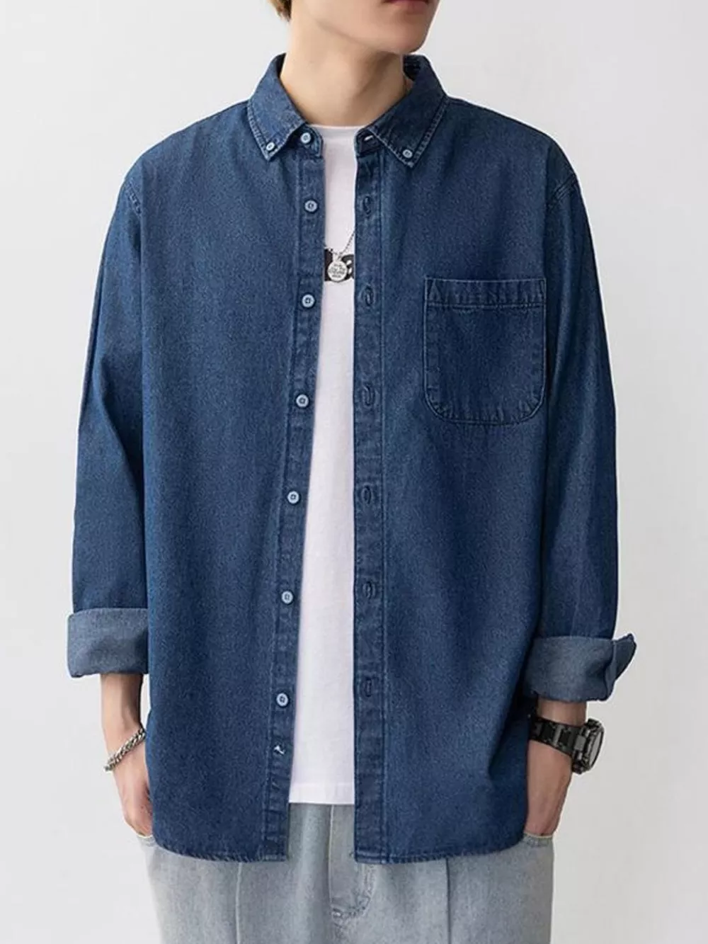 Men's Plus Size Button Up Long Sleeve Denim Shirt, image 2
