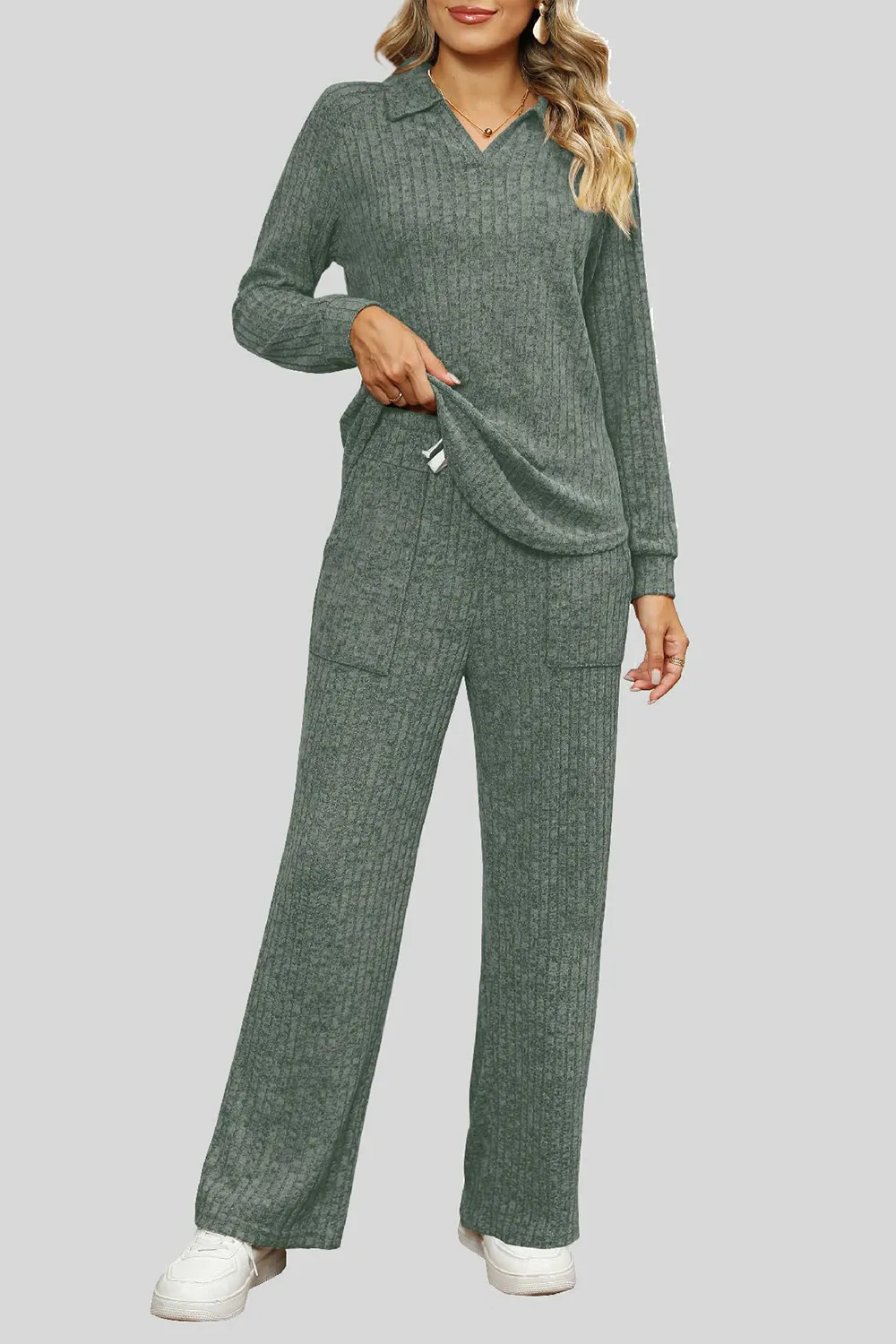 Ribbed Long Sleeve Top and Pocketed Pants Set, image 25