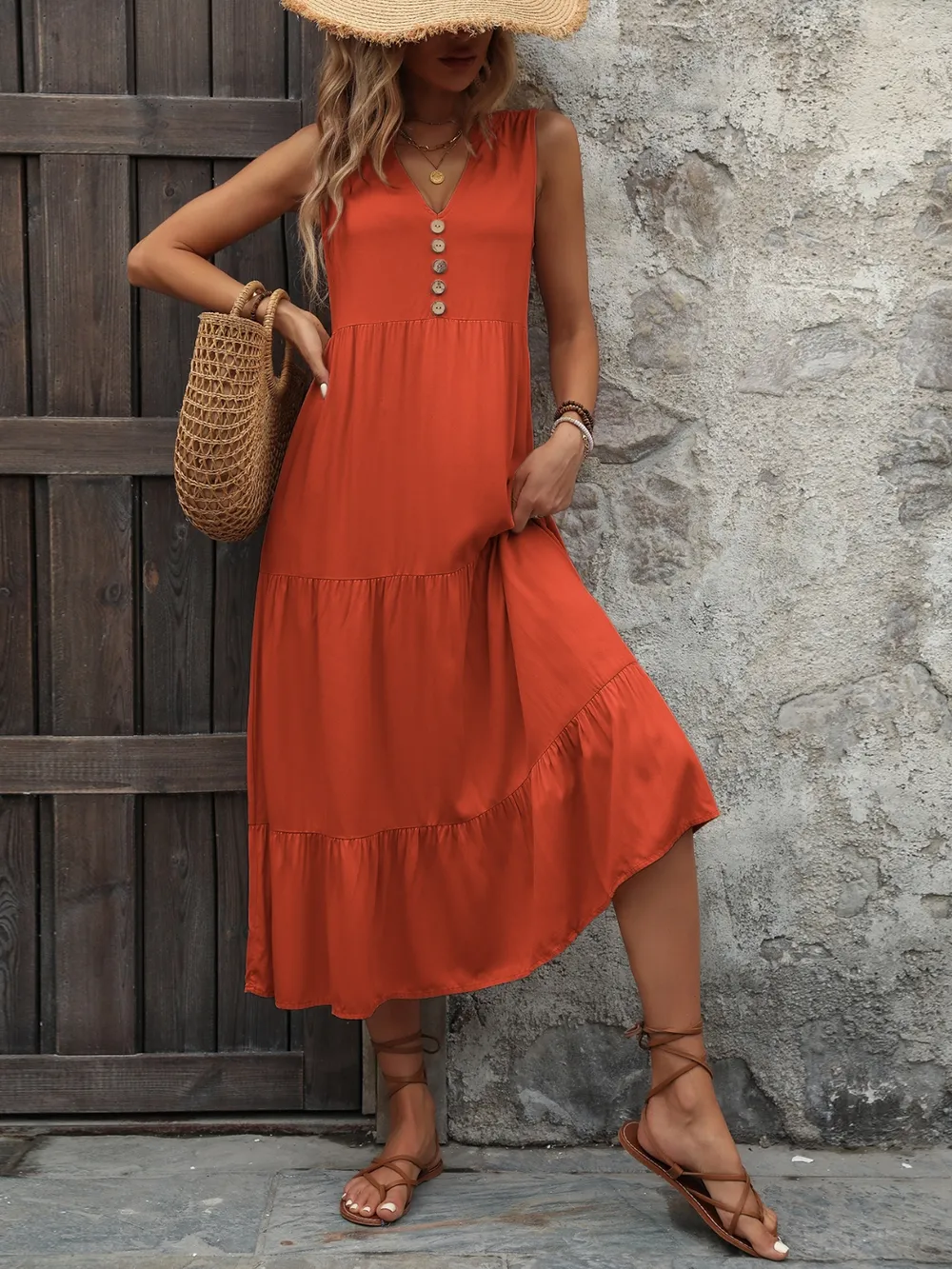 Decorative Button Notched Sleeveless Dress, image 2