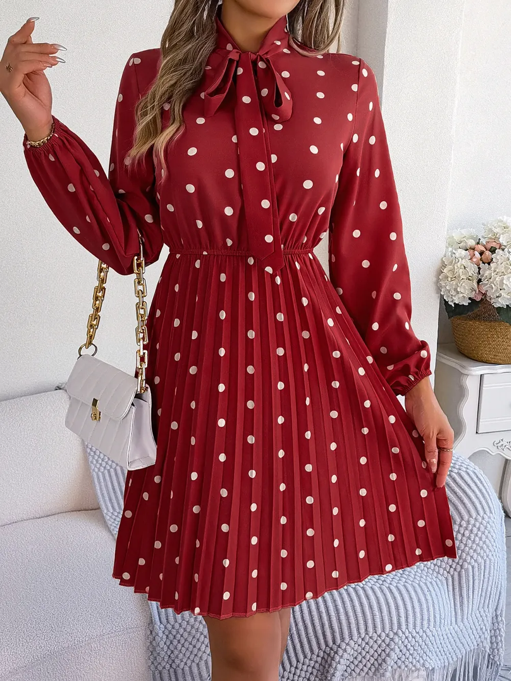 Polka Dot Tie Neck Pleated Dress, image 17