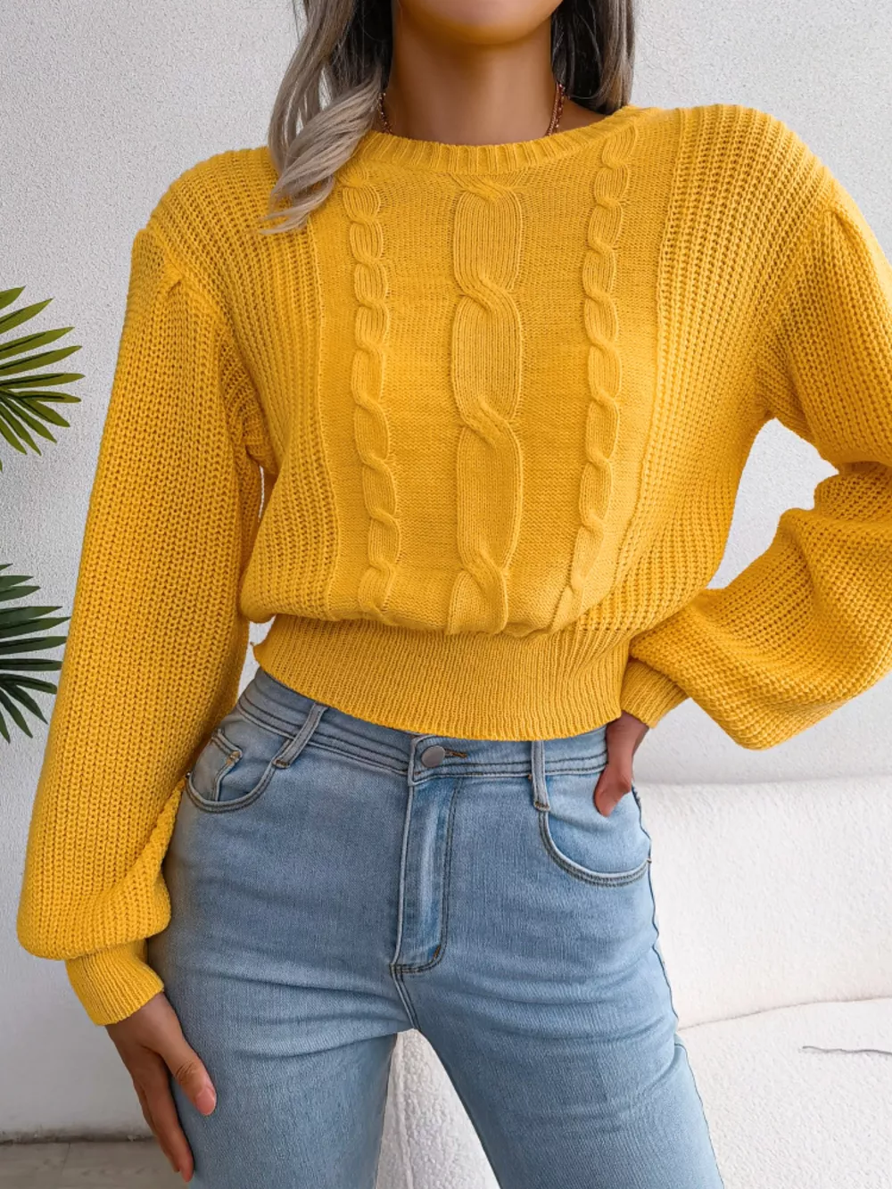 Cable Knit Round Neck Cropped Sweater, image 6