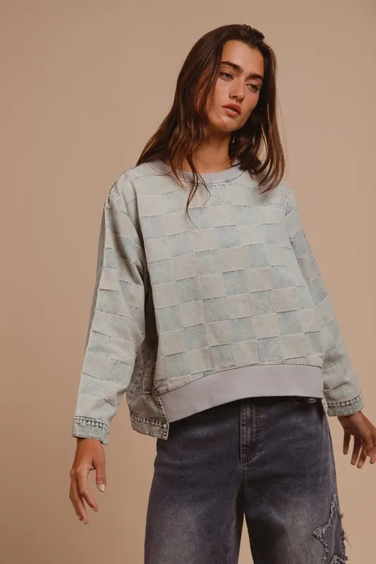 Mineral Washed Checkered Round Neck Denim Top, image 4