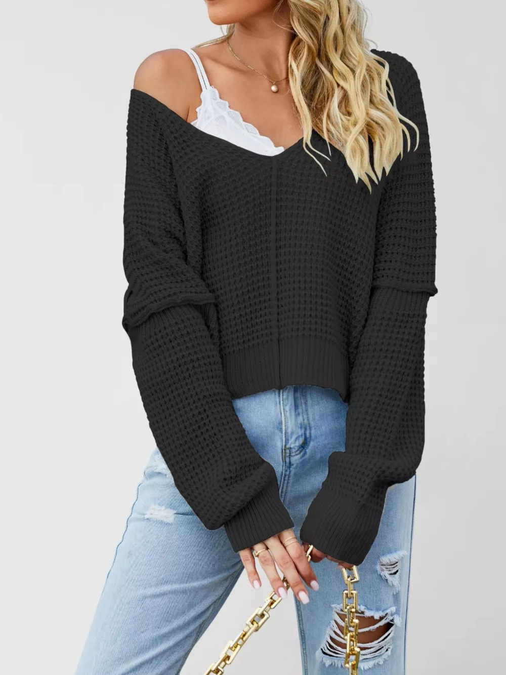 Waffle Knit Dropped Shoulder Sweater, image 6