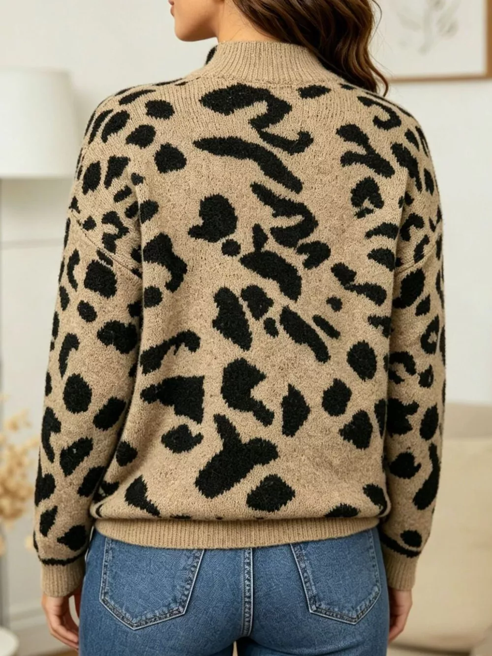Leopard Print Mock Neck Knit Sweater, image 3