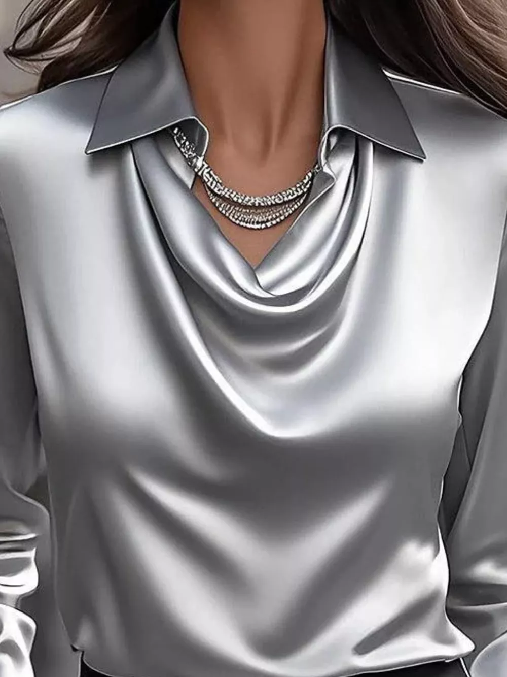 Ruched Long Sleeve Drape Collar Blouse, image 3