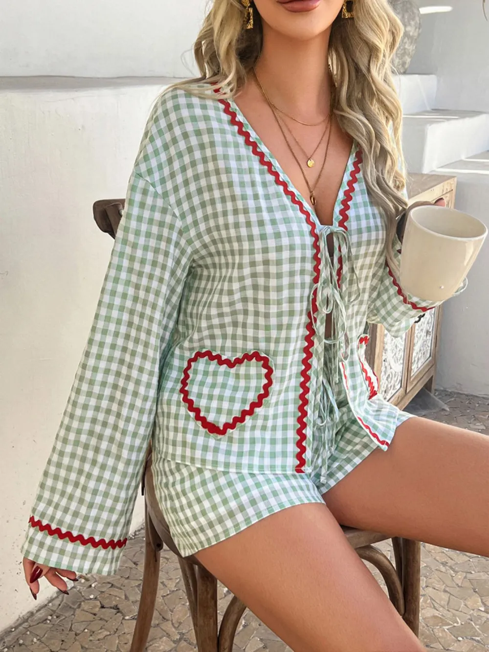 Tie Front Contrast Plaid Shirt and Shorts Set, image 9