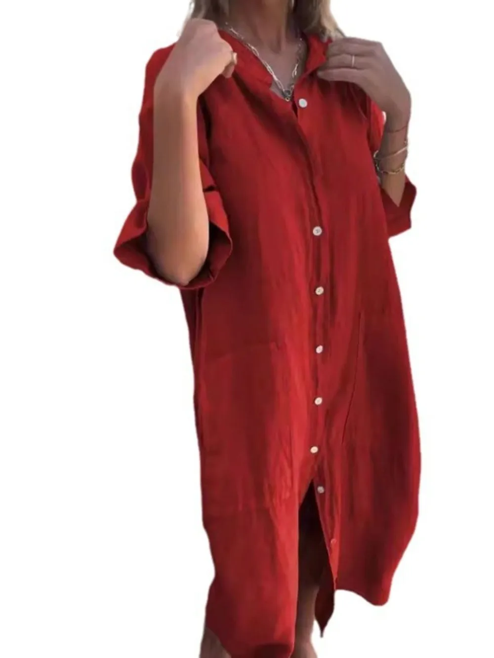 Full Size Casual Linen Button-Down Shirt Dress Plus Size, image 3